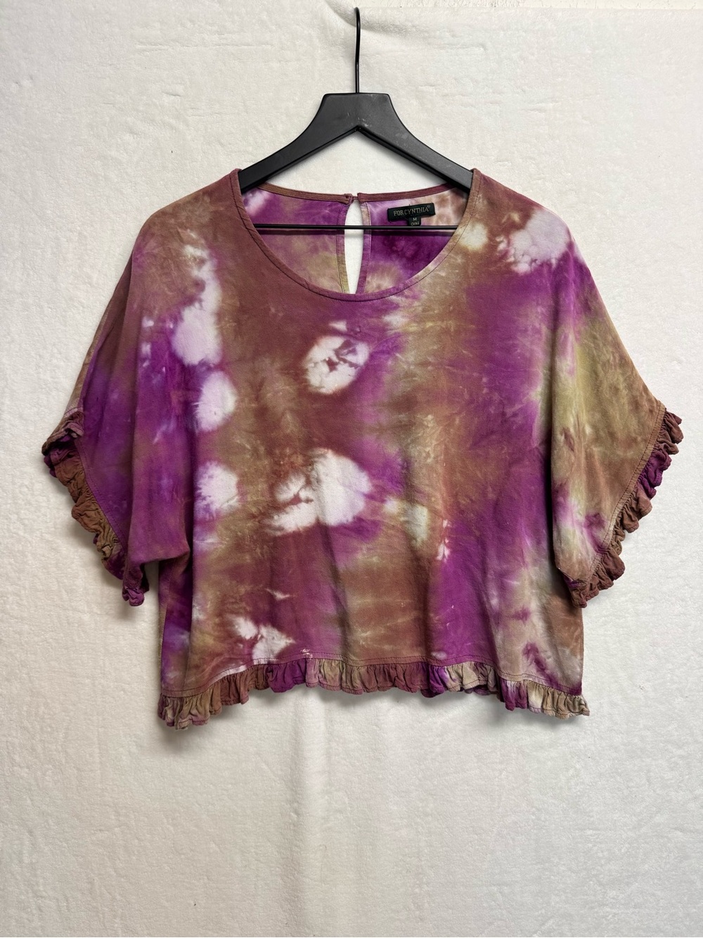 For Cynthia Medium Pink Brown Tie Dye Top Women Ruffle Boxy Oversized Shirt